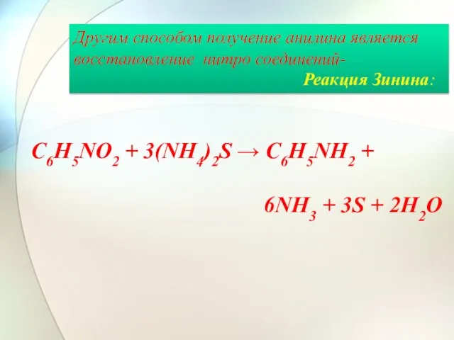 Другим способом получение анилина является восстановление нитро соединений- Реакция Зинина: C6H5NO2 +