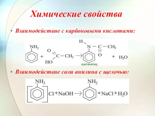 Химические свойства Взаимодействие с карбоновыми кислотами: Взаимодействие соли анилина с щелочью: