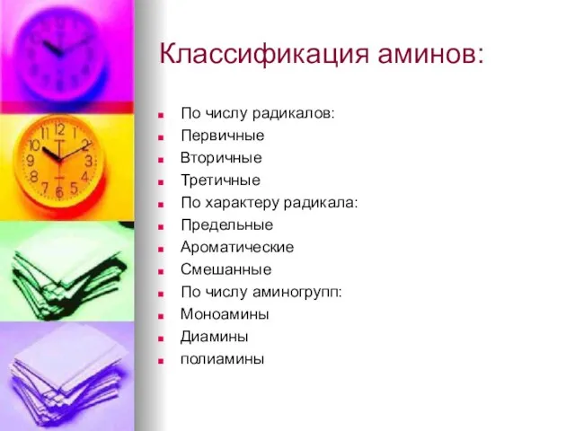 Классификация аминов: По числу радикалов: Первичные Вторичные Третичные По характеру радикала: Предельные