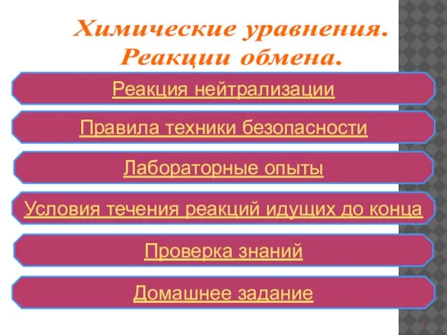 Химические уравнения. Реакции обмена. Правила техники безопасности Реакция нейтрализации Лабораторные опыты Условия