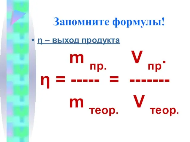 Запомните формулы! η – выход продукта m пр. V пр. η =