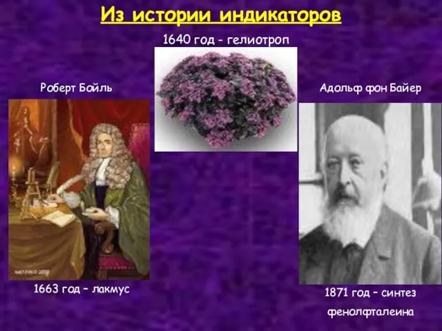 Из истории индикаторов 1640 год - гелиотроп 1663 год – лакмус 1871