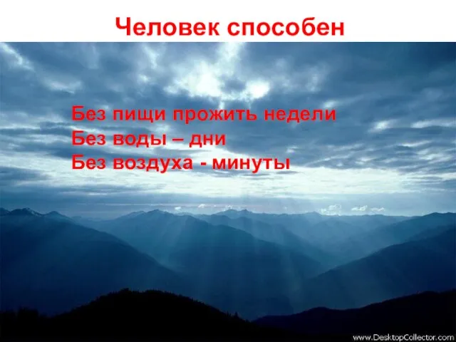 Человек способен Без пищи прожить недели Без воды – дни Без воздуха - минуты