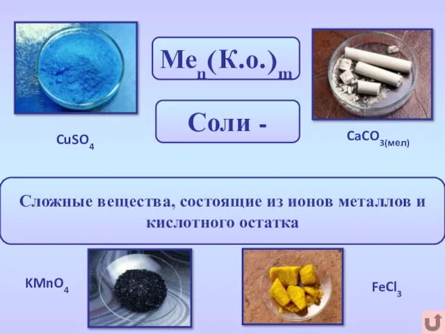 Меn(К.о.)m Сложные вещества, состоящие из ионов металлов и кислотного остатка Соли - CuSO4 CaCO3(мел) KMnO4 FeCl3