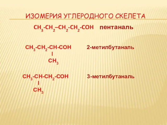 Изомерия углеродного скелета CH3-CH2–CH2-CH2-COH пентаналь СН3-СН2-СН-СОН 2-метилбутаналь I СН3 СН3-СН-СН2-СОН 3-метилбутаналь I СН3