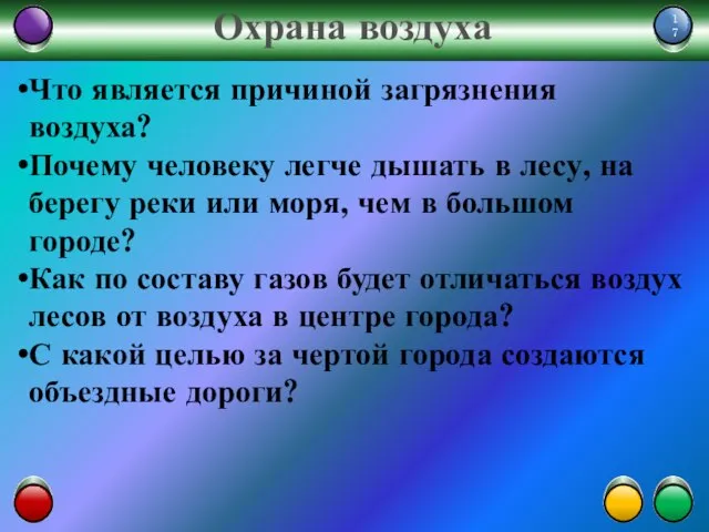 Охрана воздуха Что является причиной загрязнения воздуха? Почему человеку легче дышать в