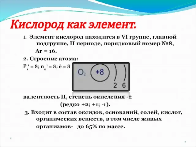 Кислород как элемент. 1. Элемент кислород находится в VI группе, главной подгруппе,