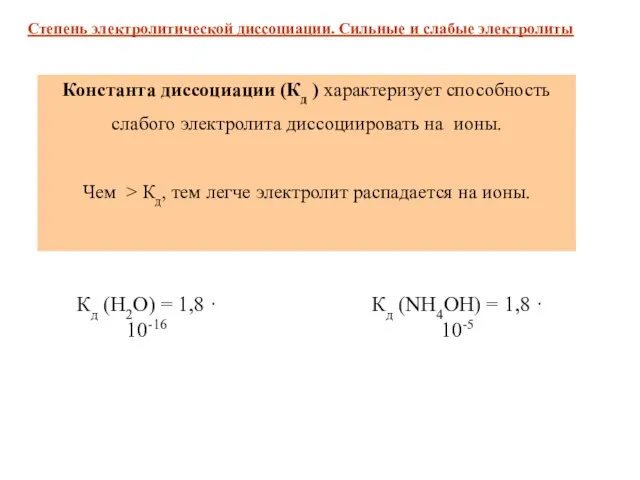 Кд (NH4OH) = 1,8 · 10-5 Кд (H2O) = 1,8 · 10-16