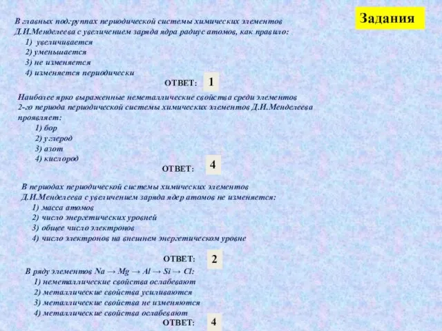 Задания В главных подгруппах периодической системы химических элементов Д.И.Менделеева с увеличением заряда