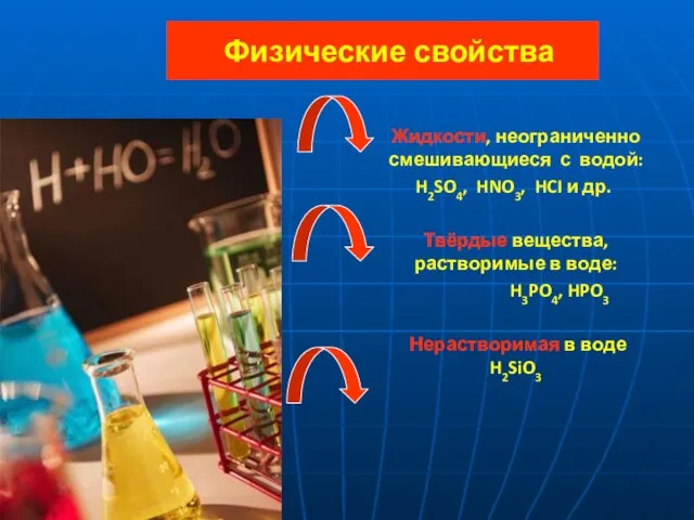 Физические свойства Жидкости, неограниченно смешивающиеся с водой: H2SO4, HNO3, HCI и др.