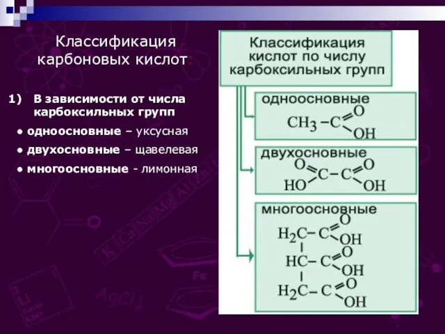 Классификация карбоновых кислот: В зависимости от числа карбоксильных групп ● одноосновные –