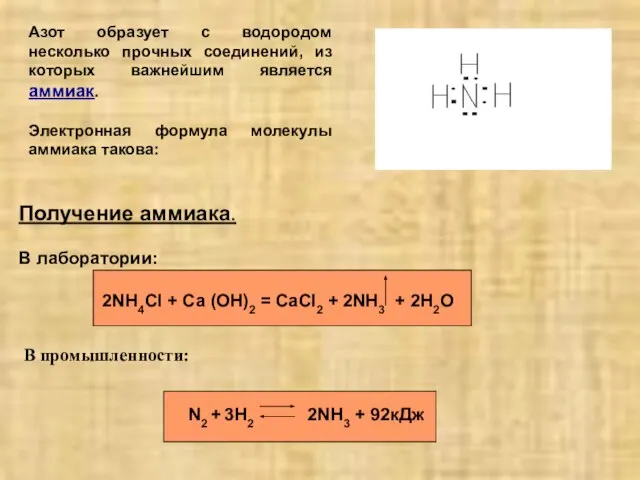 Азот образует с водородом несколько прочных соединений, из которых важнейшим является аммиак.