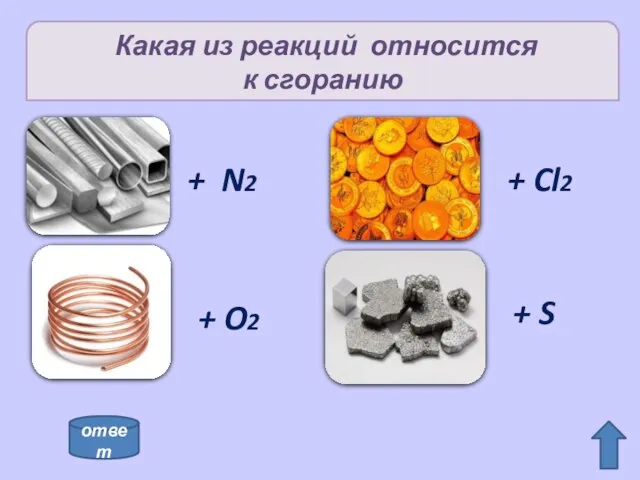 Какая из реакций относится к сгоранию + N2 + O2 + Cl2 + S ответ