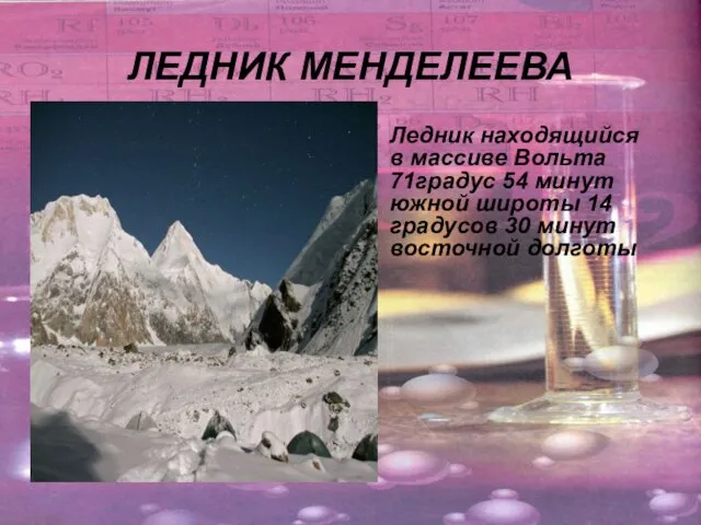 ЛЕДНИК МЕНДЕЛЕЕВА Ледник находящийся в массиве Вольта 71градус 54 минут южной широты