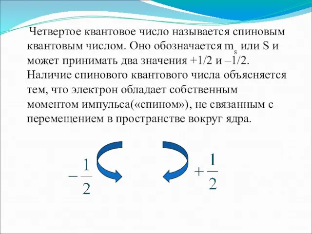 Четвертое квантовое число называется спиновым квантовым числом. Оно обозначается ms или S