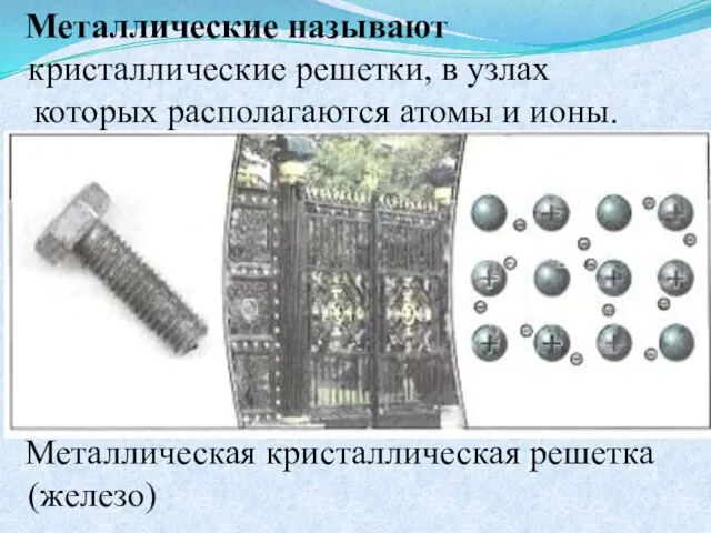 Металлические называют кристаллические решетки, в узлах которых располагаются атомы и ионы. Металлическая кристаллическая решетка (железо)