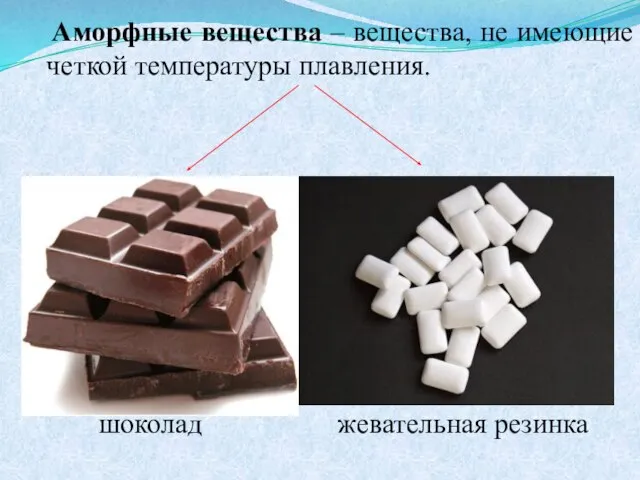 Аморфные вещества – вещества, не имеющие четкой температуры плавления. шоколад жевательная резинка