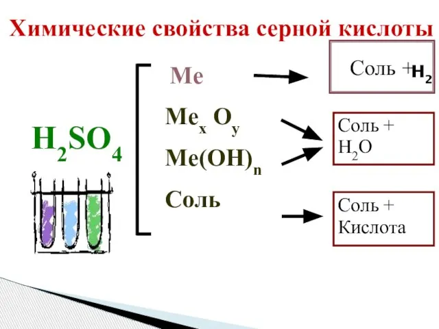 Химические свойства серной кислоты H2SO4 Mex Oy Me(OH)n Соль Соль + H2O