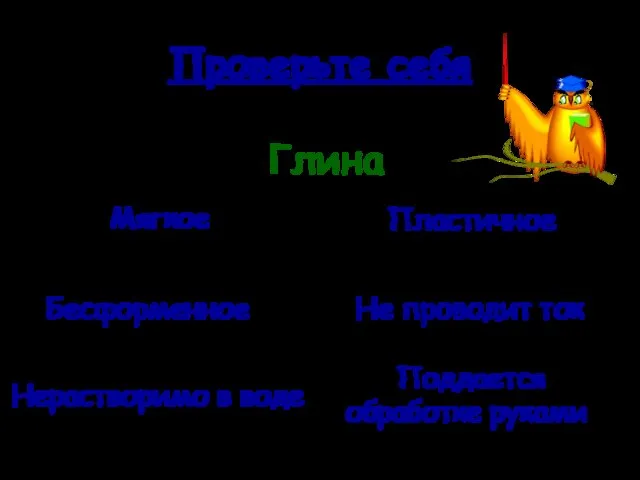 Проверьте себя Глина Мягкое Пластичное Бесформенное Не проводит ток Нерастворимо в воде Поддается обработке руками