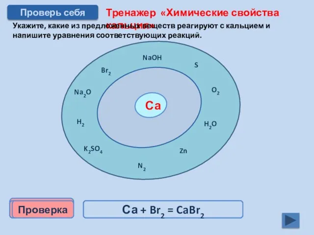 Тренажер «Химические свойства кальция» Укажите, какие из предложенных веществ реагируют с кальцием