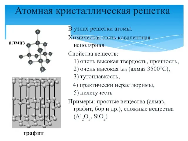 Атомная кристаллическая решетка В узлах решетки атомы. Химическая связь ковалентная неполярная. Свойства