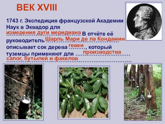 ВЕК XVIII 1743 г. Экспедиция французской Академии Наук в Эквадор для …………………………….…….