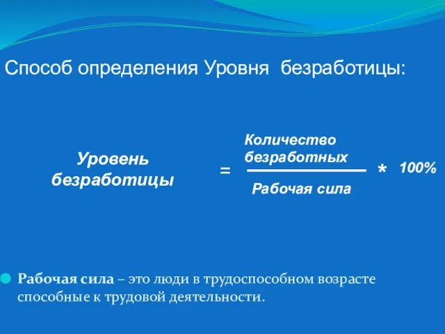 Способ определения Уровня безработицы: Рабочая сила – это люди в трудоспособном возрасте