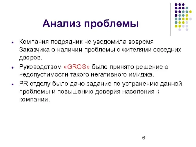 Анализ проблемы Компания подрядчик не уведомила вовремя Заказчика о наличии проблемы с