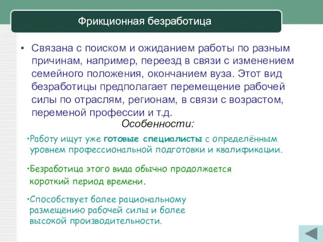 Фрикционная безработица Связана с поиском и ожиданием работы по разным причинам, например,