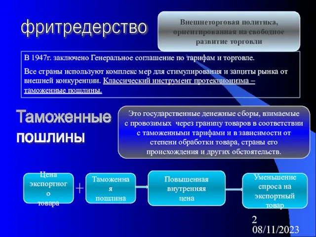 08/11/2023 фритредерство Внешнеторговая политика, ориентированная на свободное развитие торговли В 1947г. заключено