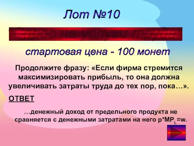 Лот №10 "Спрос на услуги труда" стартовая цена - 100 монет ОТВЕТ
