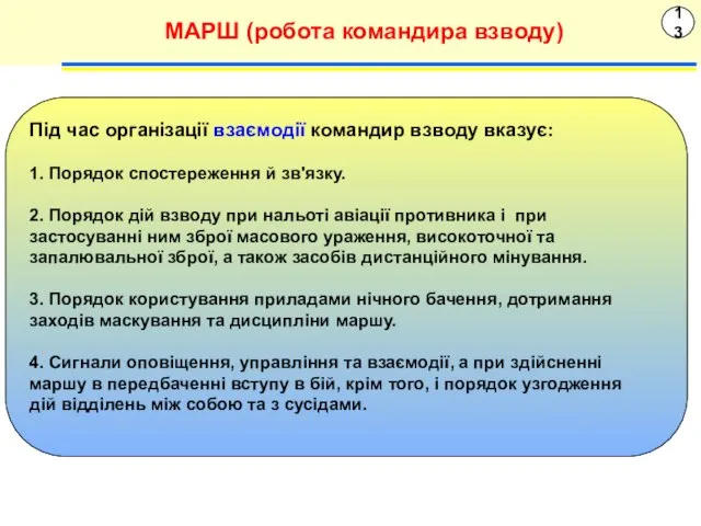 13 МАРШ (робота командира взводу) Під час організації взаємодії командир взводу вказує: