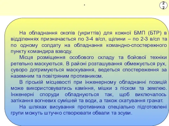 . . На обладнання окопів (укриттів) для кожної БМП (БТР) в відділеннях