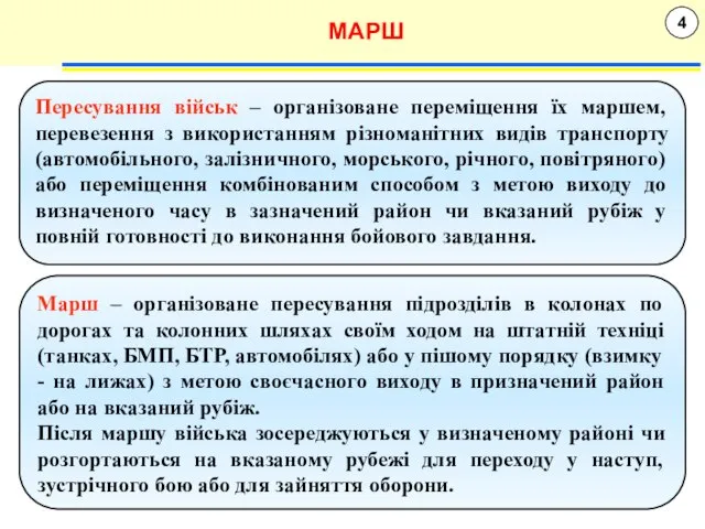 4 МАРШ Пересування військ – організоване переміщення їх маршем, перевезення з використанням