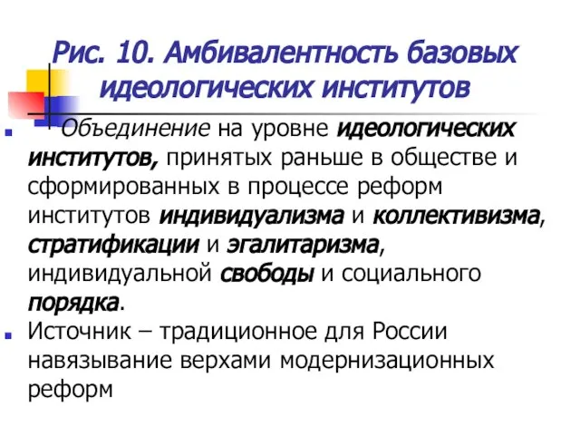 Рис. 10. Амбивалентность базовых идеологических институтов Объединение на уровне идеологических институтов, принятых