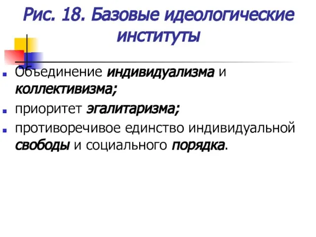 Рис. 18. Базовые идеологические институты Объединение индивидуализма и коллективизма; приоритет эгалитаризма; противоречивое