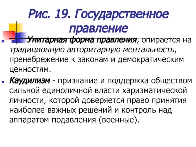 Рис. 19. Государственное правление Унитарная форма правления, опирается на традиционную авторитарную ментальность,