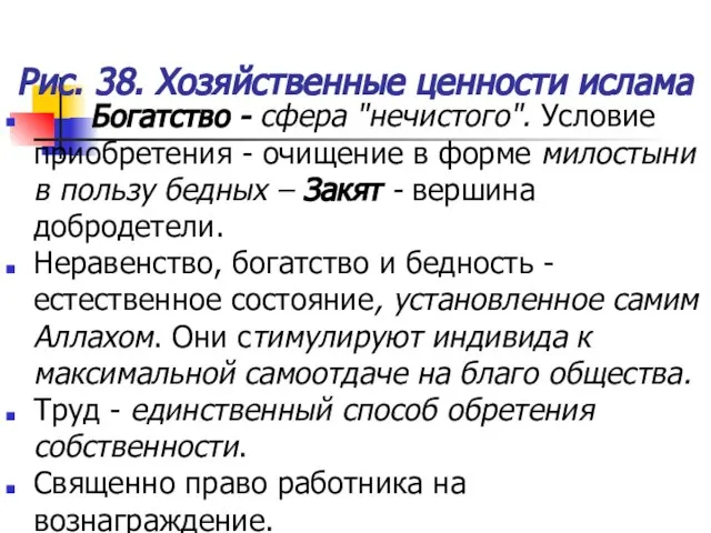 Рис. 38. Хозяйственные ценности ислама Богатство - сфера "нечистого". Условие приобретения -