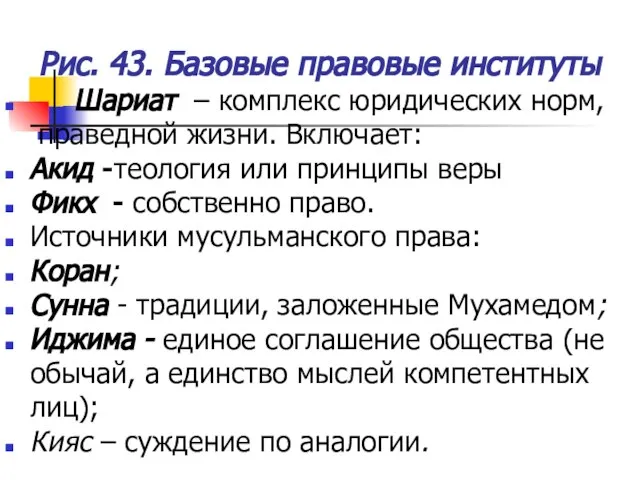 Рис. 43. Базовые правовые институты Шариат – комплекс юридических норм, праведной жизни.