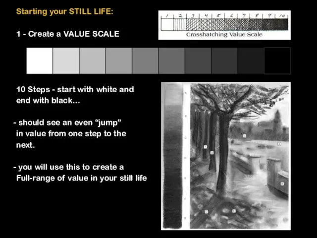 Starting your STILL LIFE: 1 - Create a VALUE SCALE 10 Steps