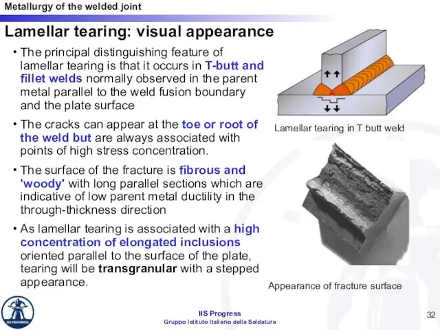 Lamellar tearing: visual appearance The principal distinguishing feature of lamellar tearing is