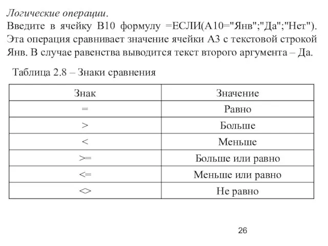 Логические операции. Введите в ячейку В10 формулу =ЕСЛИ(A10="Янв";"Да";"Нет"). Эта операция сравнивает значение