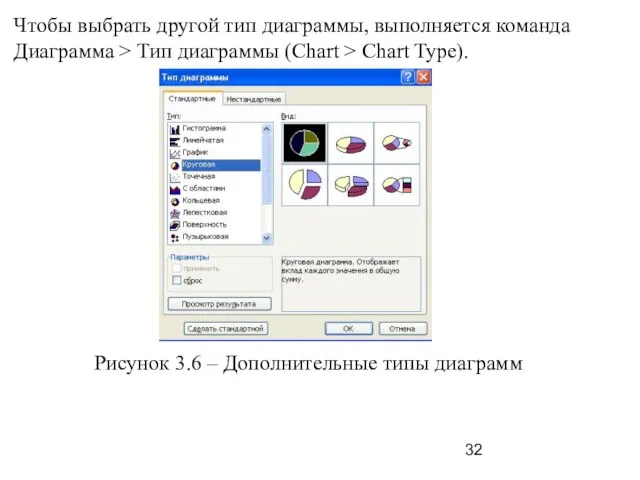 Чтобы выбрать другой тип диаграммы, выполняется команда Диаграмма > Тип диаграммы (Chart