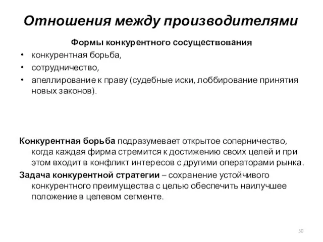 Отношения между производителями Формы конкурентного сосуществования конкурентная борьба, сотрудничество, апеллирование к праву