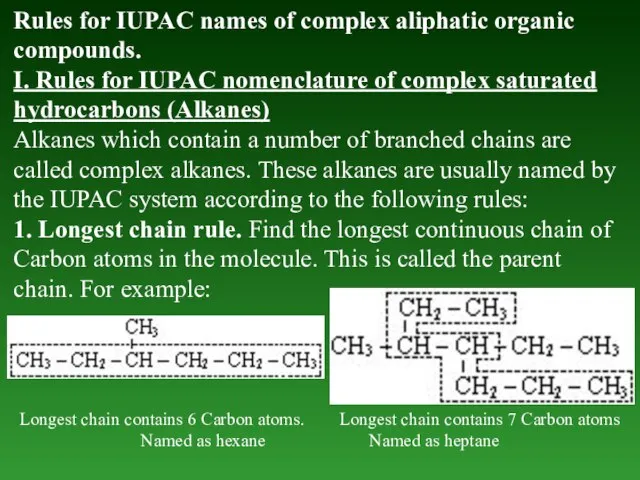 Rules for IUPAC names of complex aliphatic organic compounds. I. Rules for