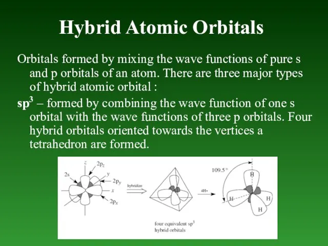 Hybrid Atomic Orbitals Orbitals formed by mixing the wave functions of pure