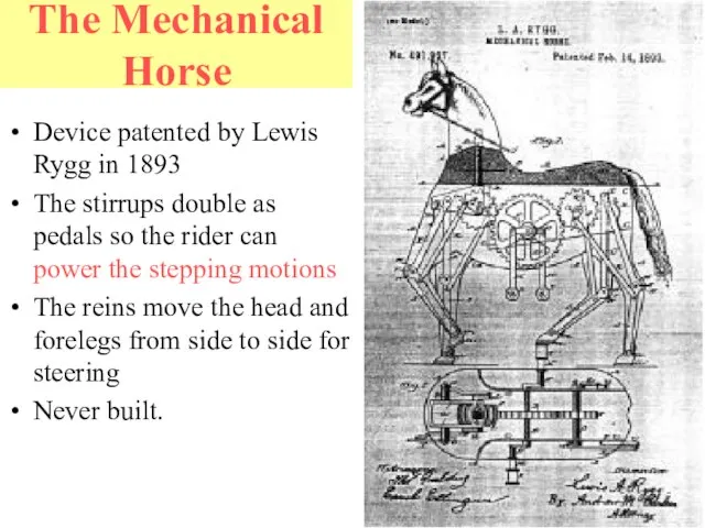 The Mechanical Horse Device patented by Lewis Rygg in 1893 The stirrups