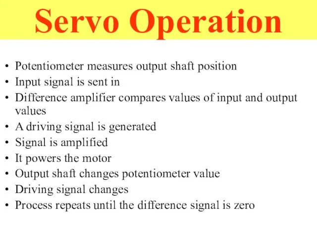 Servo Operation Potentiometer measures output shaft position Input signal is sent in