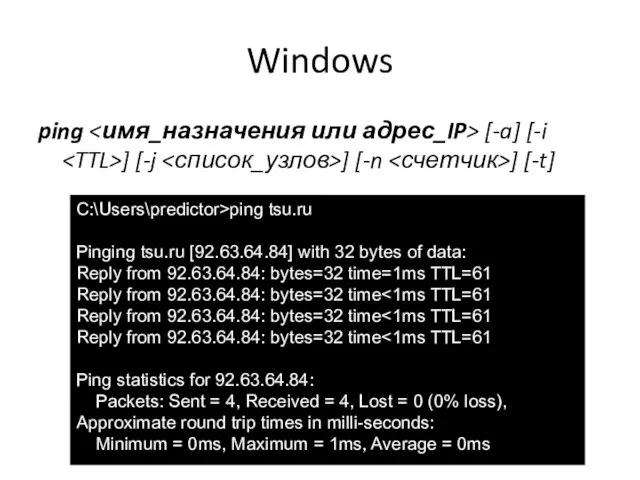 Windows ping [-a] [-i ] [-j ] [-n ] [-t] C:\Users\predictor>ping tsu.ru