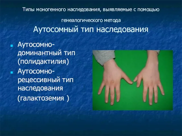 Типы моногенного наследования, выявляемые с помощью генеалогического метода Аутосомный тип наследования Аутосомно-доминантный